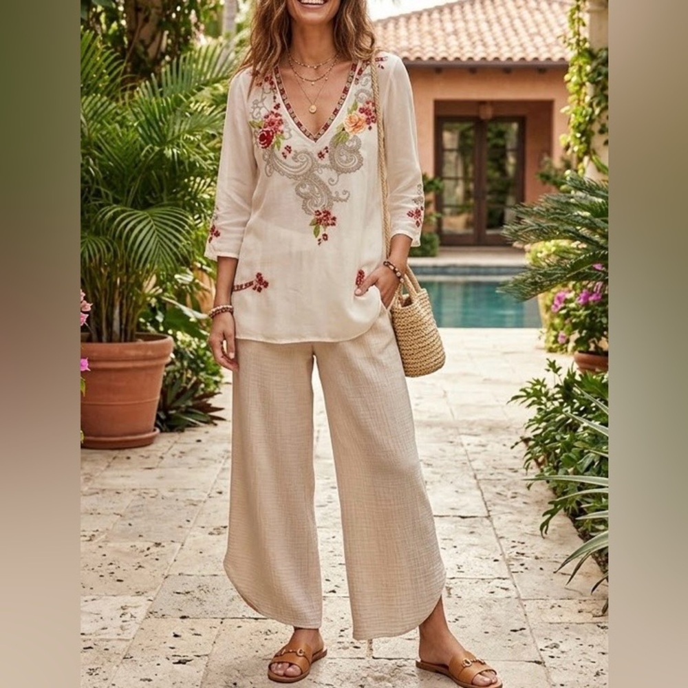 Johnny Was boho embroidered v-neck tunic multicolored, cupra rayon, 3/4 …